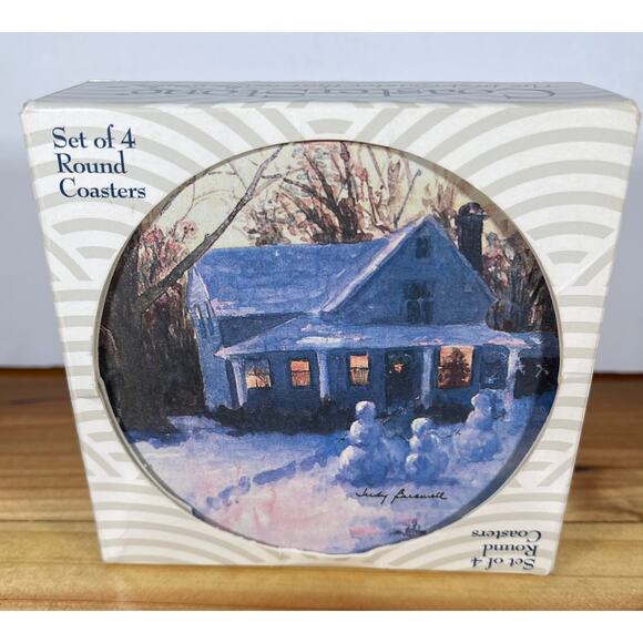 NIB Vintage Judy Buswell Art Stone Coasters Set of 4 Round Snowy Cottage - Picture 1 of 6